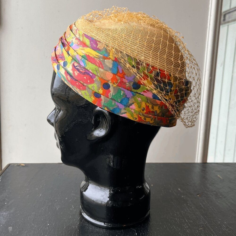 VTG 50s Straw Kentucky Derby Hat Colorful Pleated Band Net Veil Pillbox